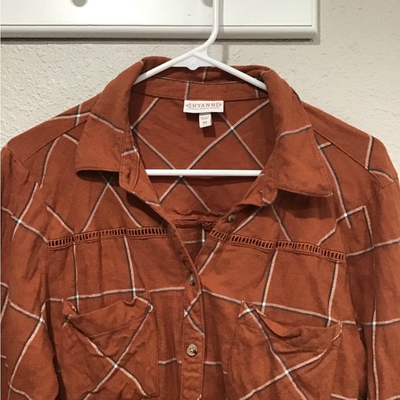 Shyanne Women’s Burnt Orange Plaid Flannel Shirt M Long Sleeve Ladder Lace Trim - Picture 3 of 6